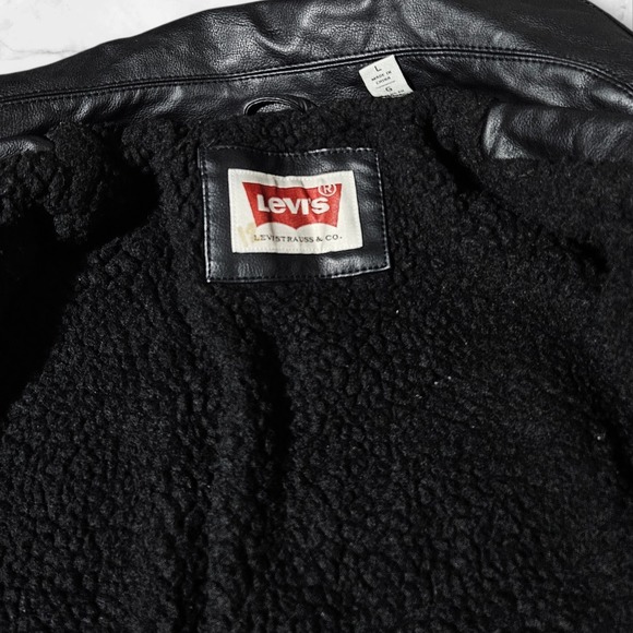 Levis Faux Leather Trucker Sherpa-Lined Jacket Black Zip Snap Button Biker Men L - Picture 2 of 16